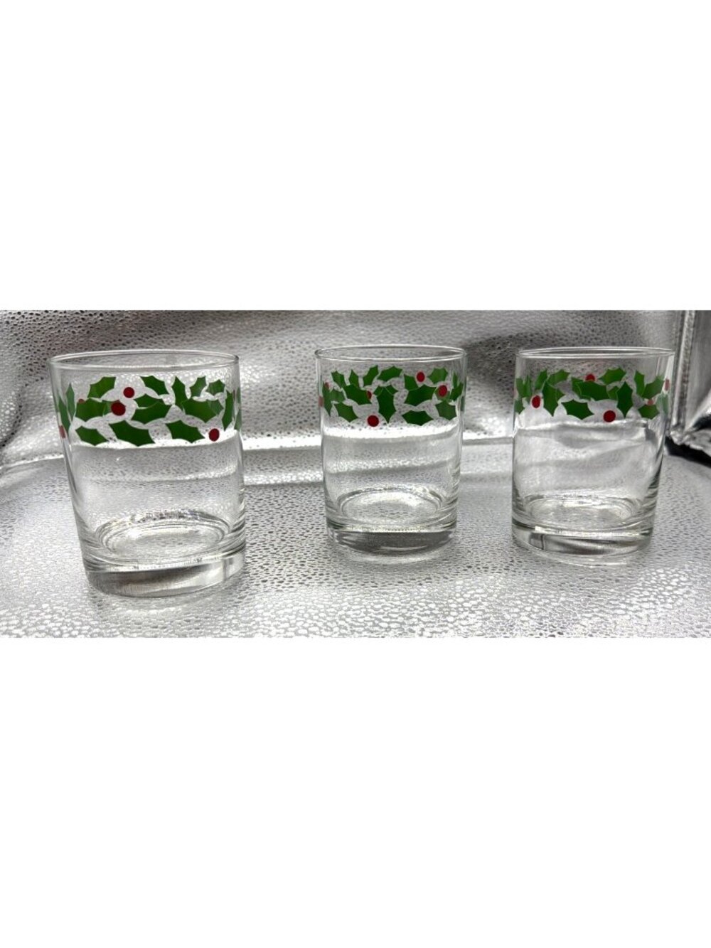 Vintage Indiana Glass With Holly & Berry Design Set of 3